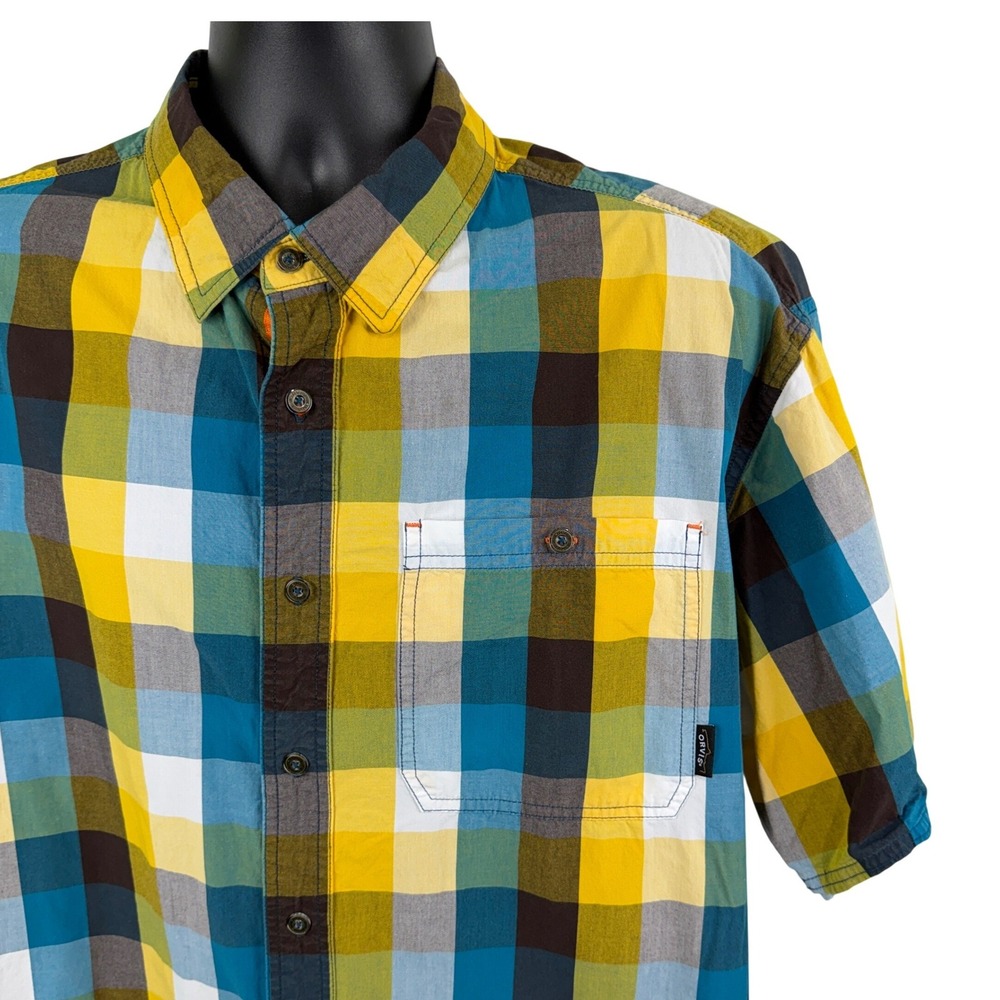 Orvis Mens XL Short Sleeve Plaid Button Down Shirt Yellow Blue Cotton 2GBJ